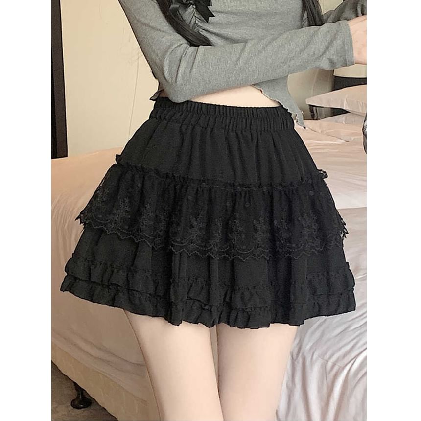 A-Line Lace Mini Skirt with Ruffle Panel