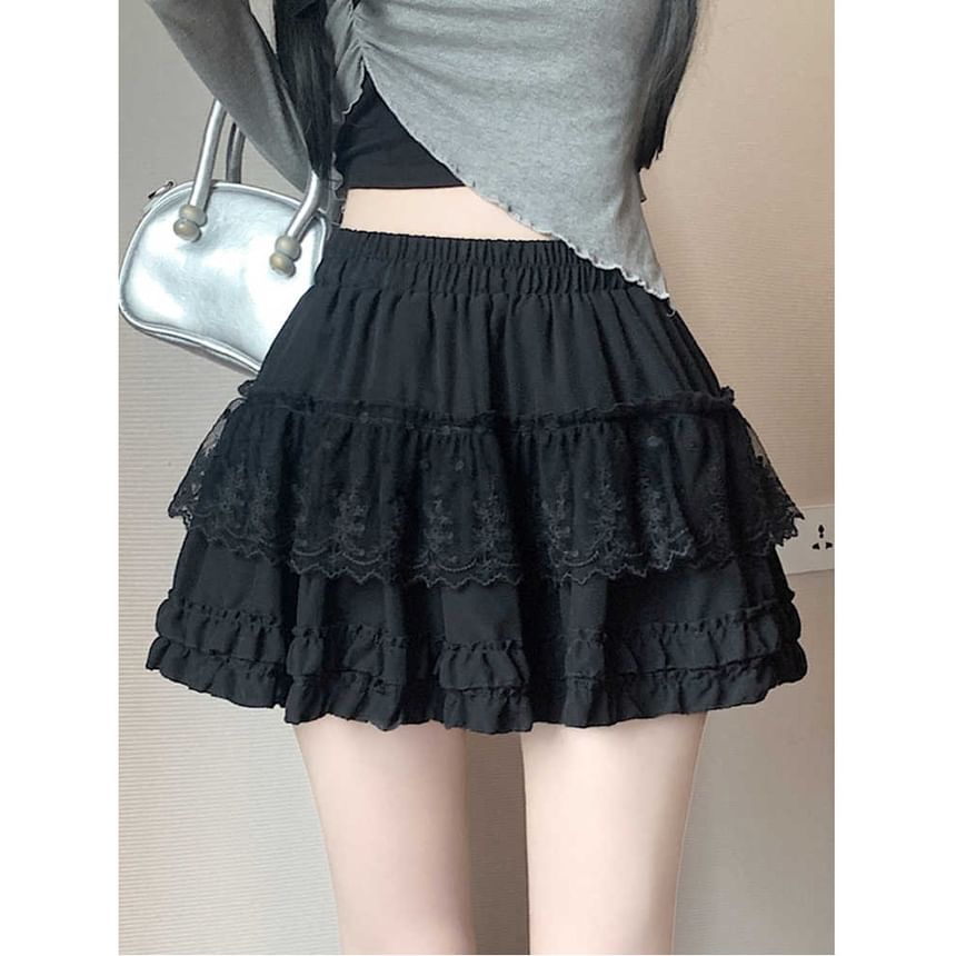 A-Line Lace Mini Skirt with Ruffle Panel