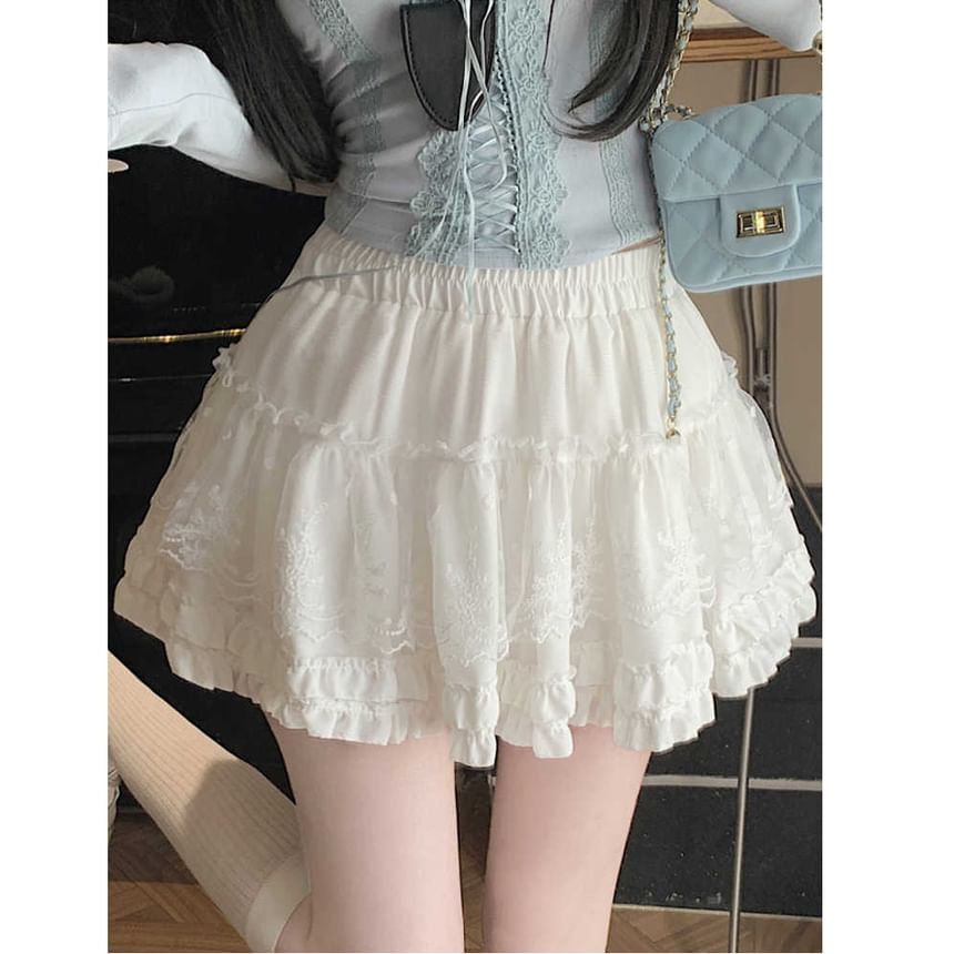 A-Line Lace Mini Skirt with Ruffle Panel