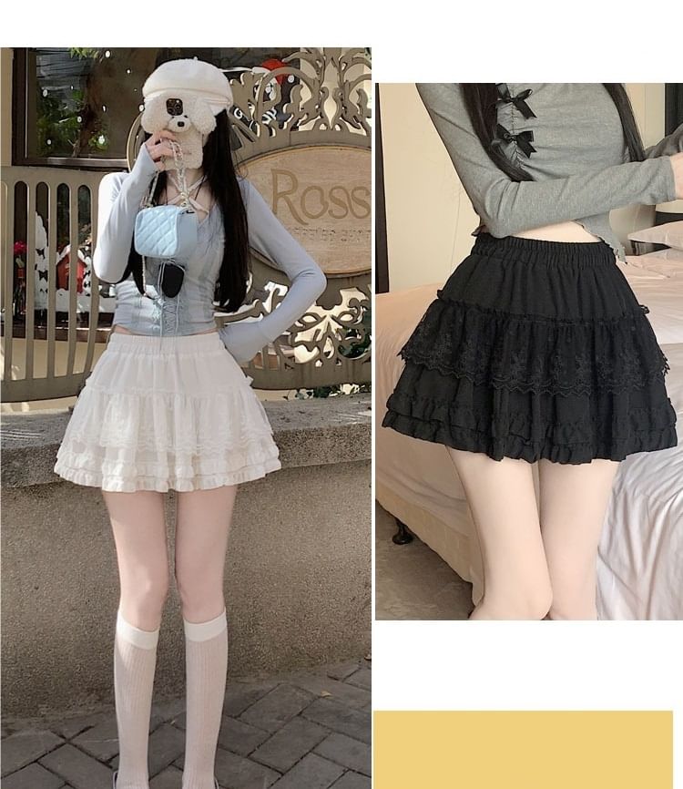 A-Line Lace Mini Skirt with Ruffle Panel