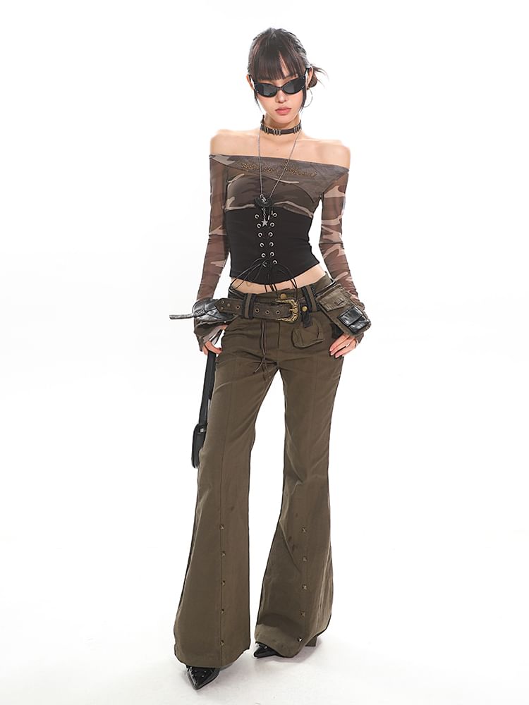Off-Shoulder Camo Lace-Up Mesh Top