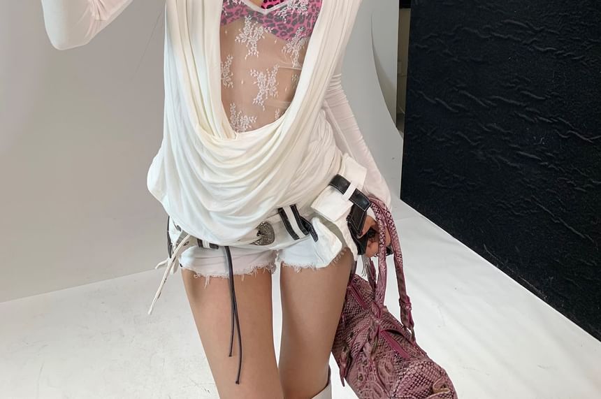 Long Sleeve Ruched Lace Panel T-Shirt