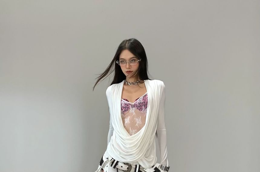 Long Sleeve Ruched Lace Panel T-Shirt