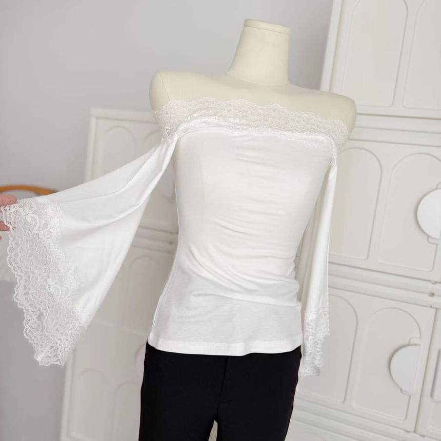 Bell Sleeve Off-Shoulder Lace Trim Slim Fit Top