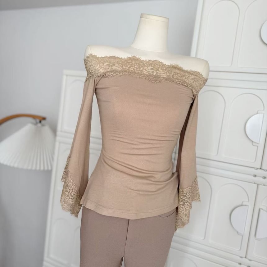 Bell Sleeve Off-Shoulder Lace Trim Slim Fit Top