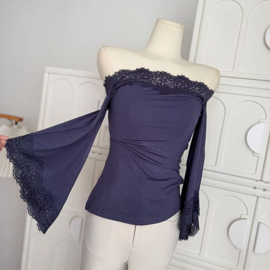 Bell Sleeve Off-Shoulder Lace Trim Slim Fit Top