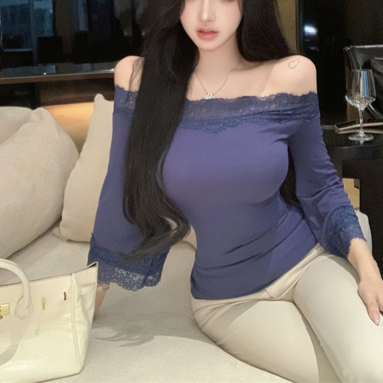 Bell Sleeve Off-Shoulder Lace Trim Slim Fit Top