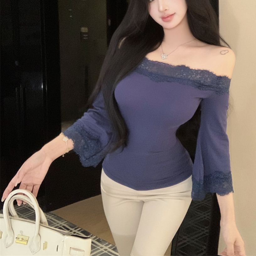 Bell Sleeve Off-Shoulder Lace Trim Slim Fit Top