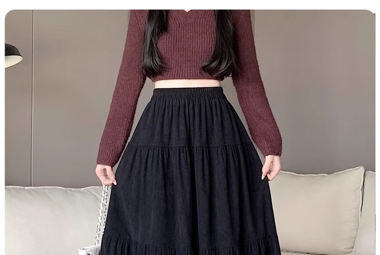 Elastic Waist Plain A-Line Midi Skirt