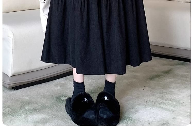 Elastic Waist Plain A-Line Midi Skirt
