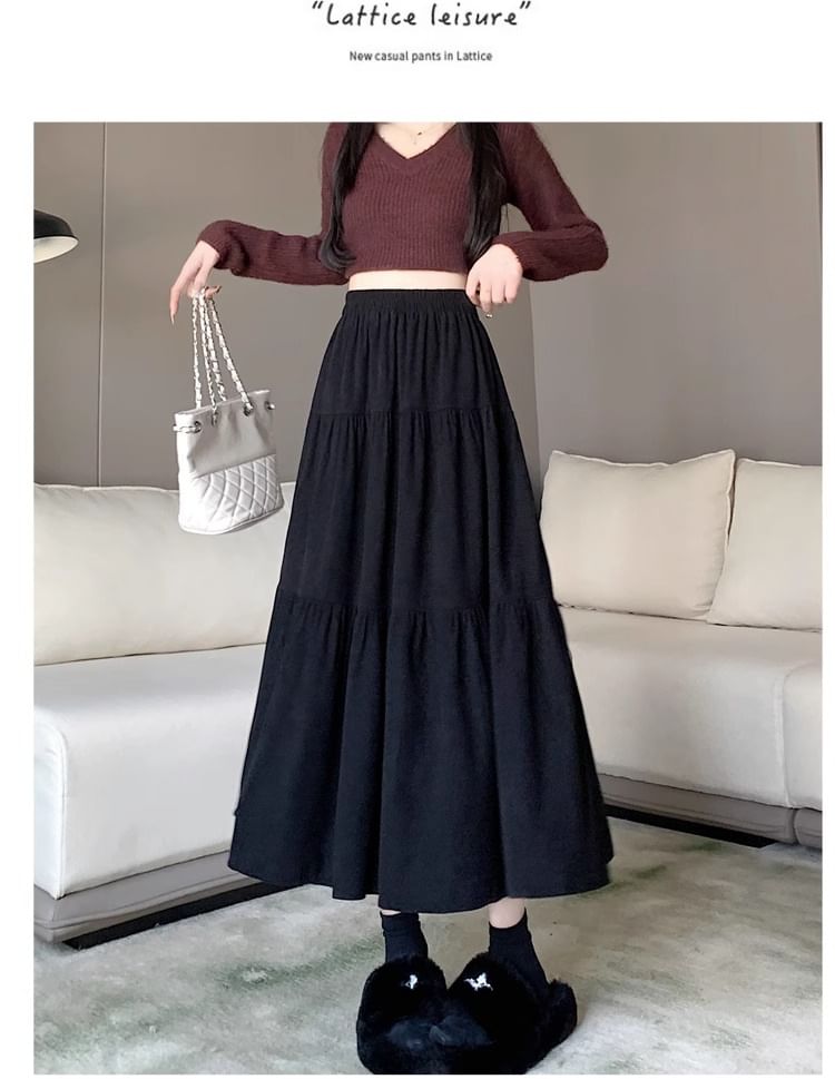 Elastic Waist Plain A-Line Midi Skirt