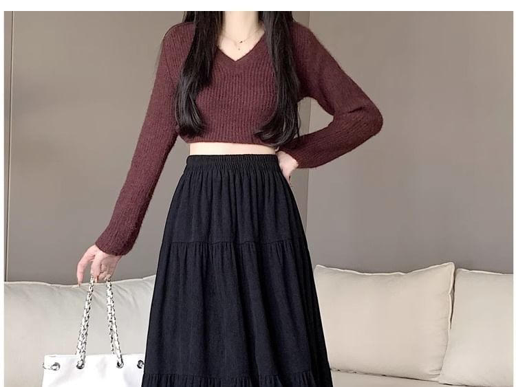 Elastic Waist Plain A-Line Midi Skirt