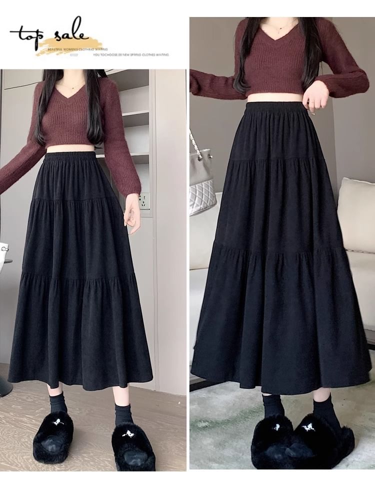 Elastic Waist Plain A-Line Midi Skirt