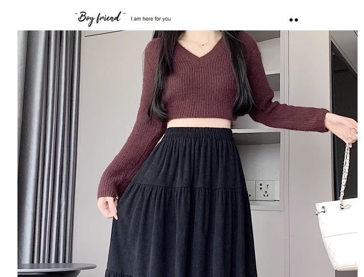 Elastic Waist Plain A-Line Midi Skirt