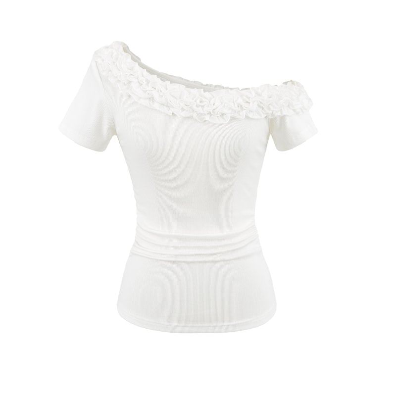Plain Lace-Trimmed Off-Shoulder Short-Sleeved Top