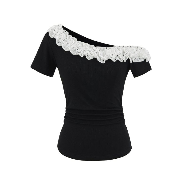 Plain Lace-Trimmed Off-Shoulder Short-Sleeved Top
