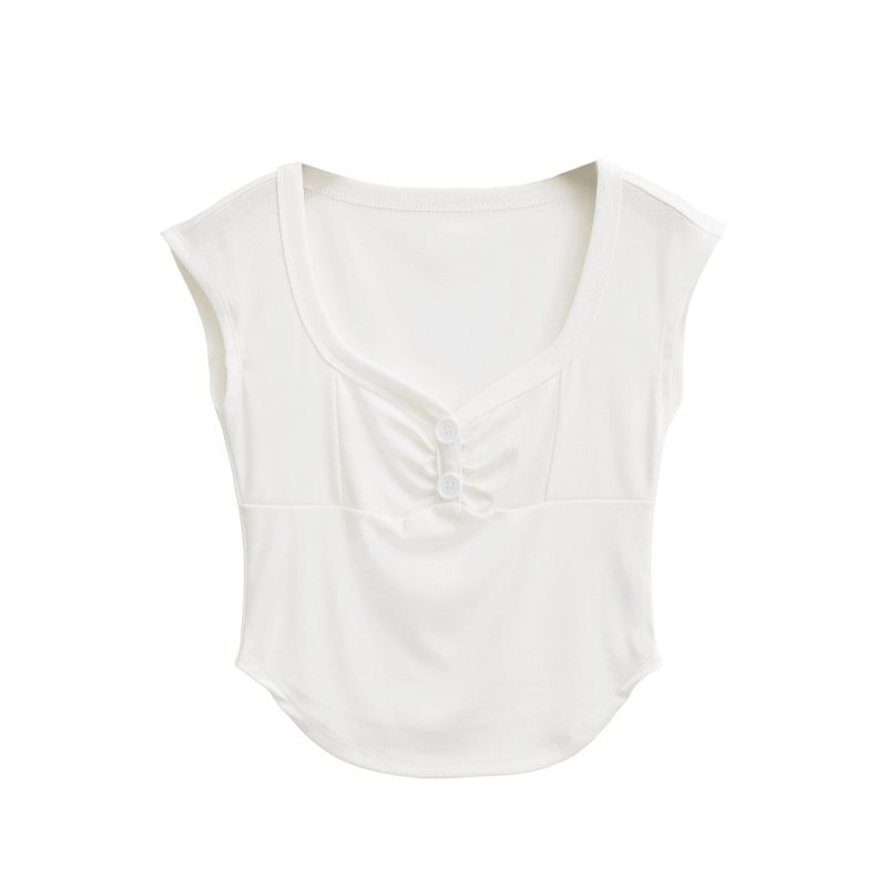 Plain Square-Necked Cap-Sleeved Crop Top
