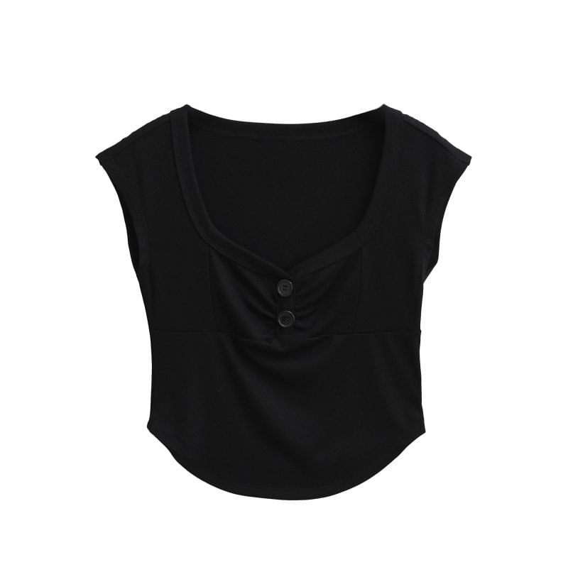 Plain Square-Necked Cap-Sleeved Crop Top