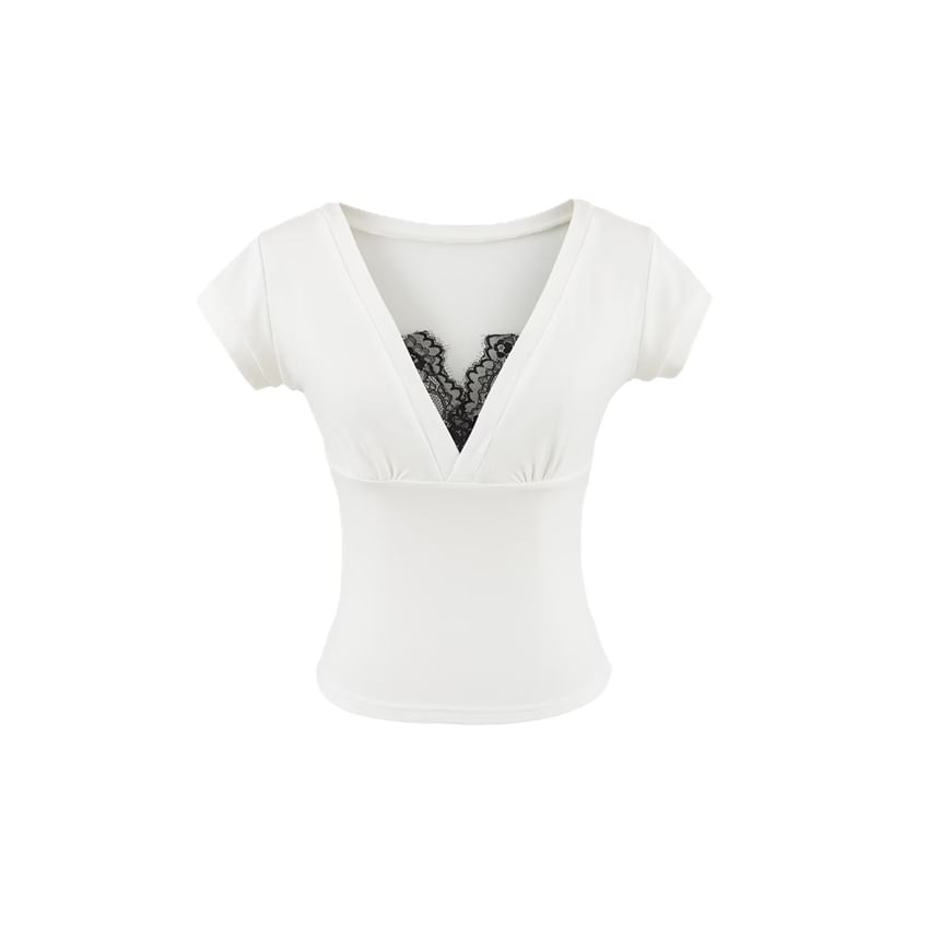 Lace-Trimmed Short-Sleeved V-Necked Top