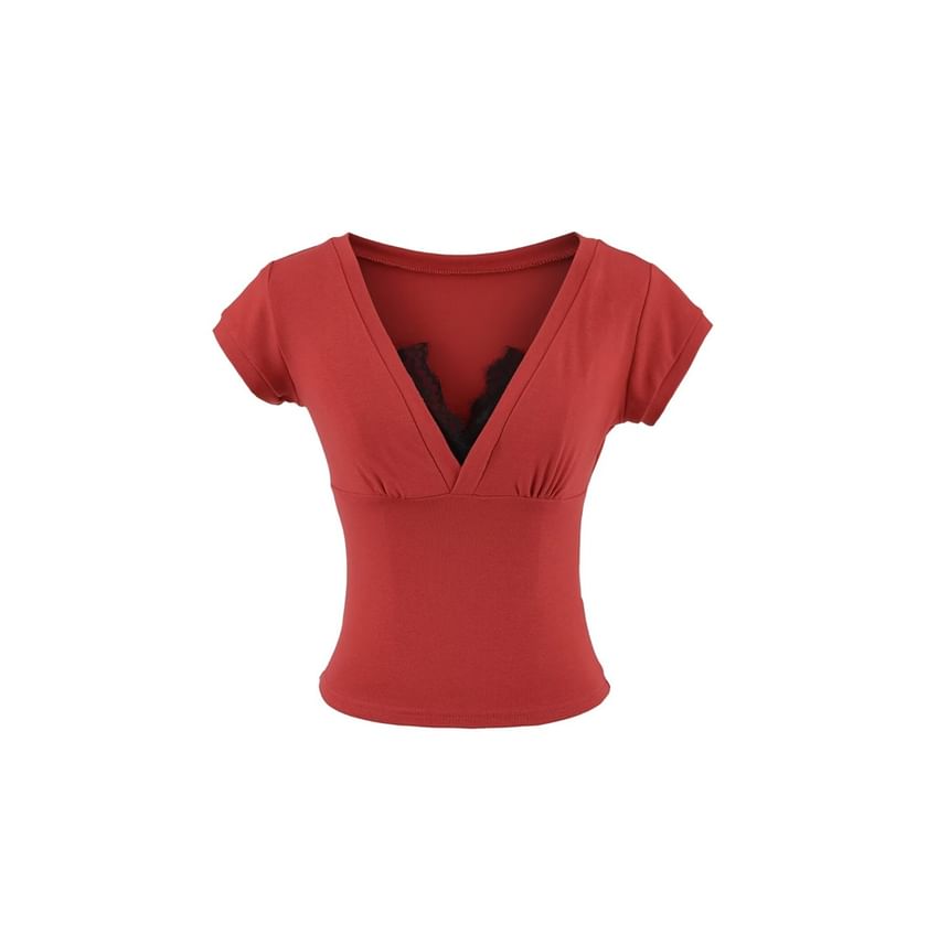 Lace-Trimmed Short-Sleeved V-Necked Top