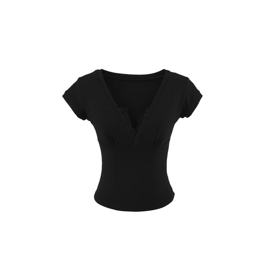 Lace-Trimmed Short-Sleeved V-Necked Top