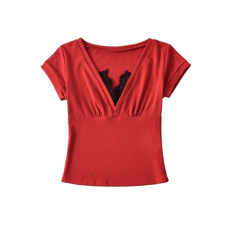 Lace-Trimmed Short-Sleeved V-Necked Top