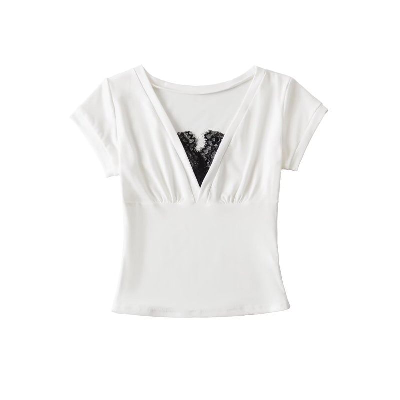 Lace-Trimmed Short-Sleeved V-Necked Top