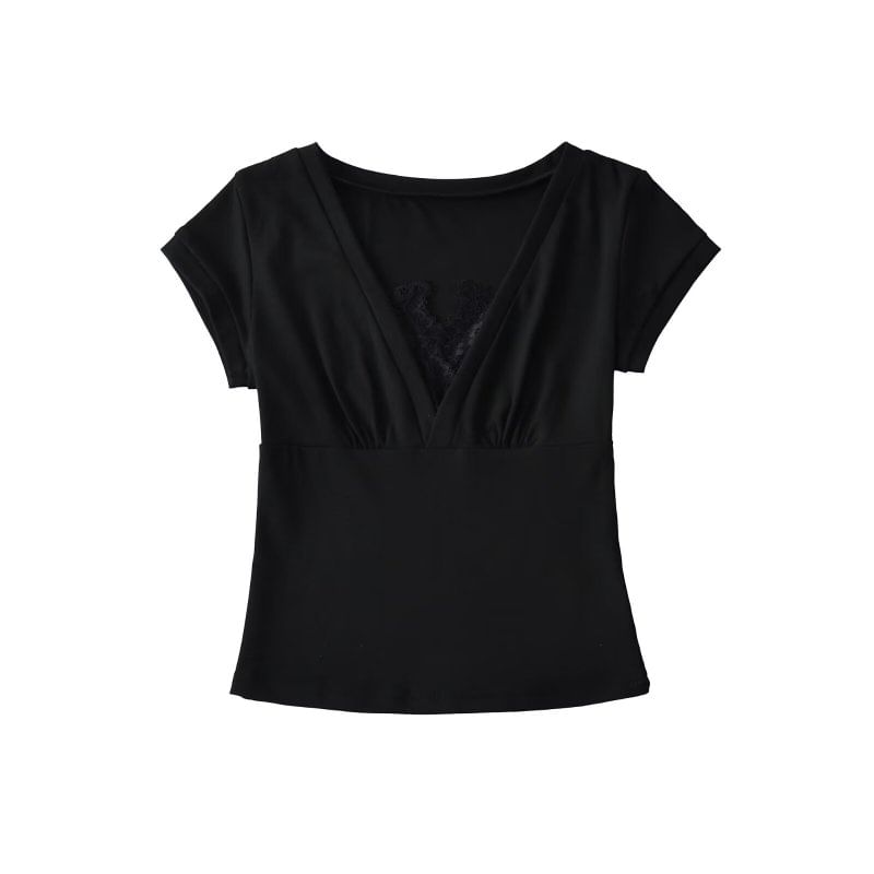 Lace-Trimmed Short-Sleeved V-Necked Top