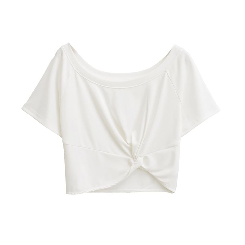 Knot-Front Scooped-Neck Short-Sleeved Crop Tee