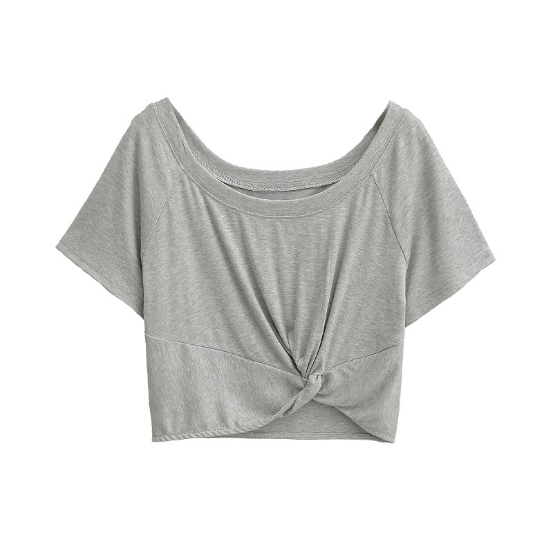 Knot-Front Scooped-Neck Short-Sleeved Crop Tee