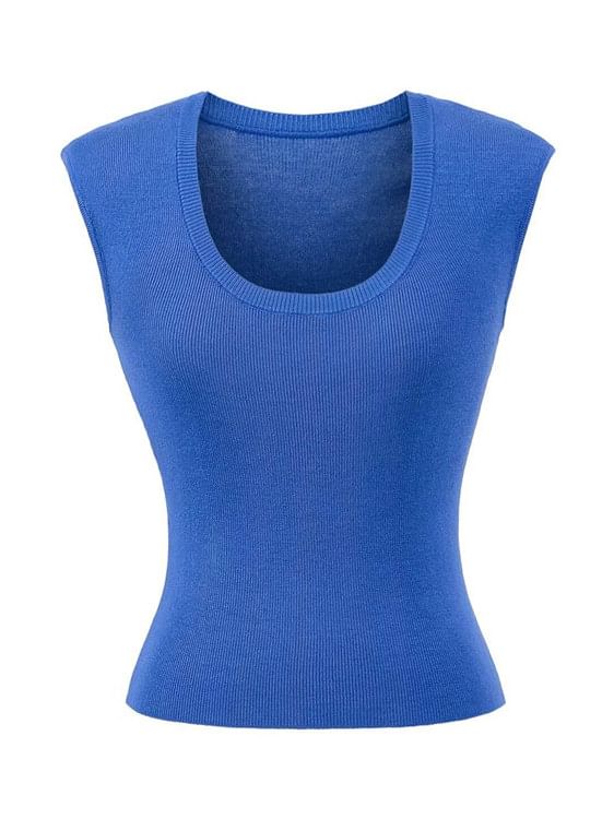 Plain Knitted Cap-Sleeved U-Necked Top