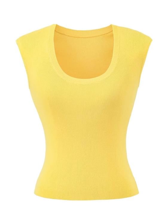 Plain Knitted Cap-Sleeved U-Necked Top