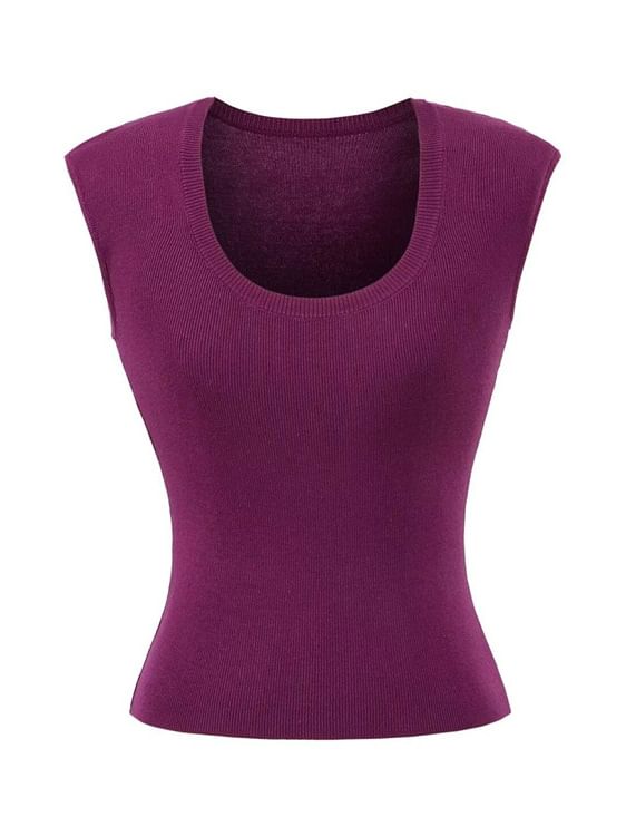 Plain Knitted Cap-Sleeved U-Necked Top