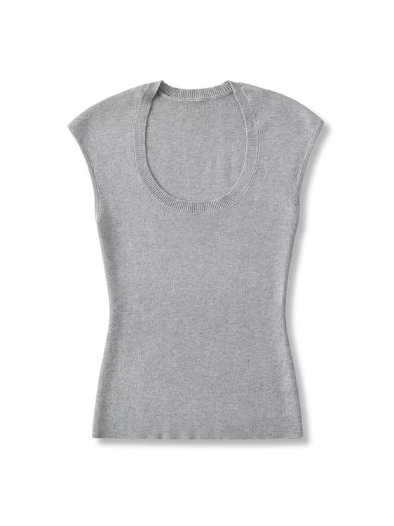 Plain Knitted Cap-Sleeved U-Necked Top