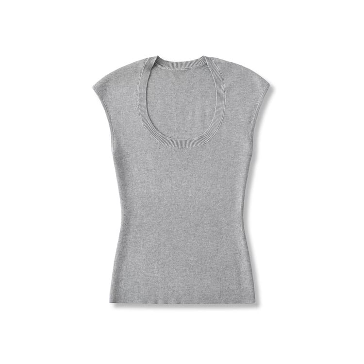 Plain Knitted Cap-Sleeved U-Necked Top