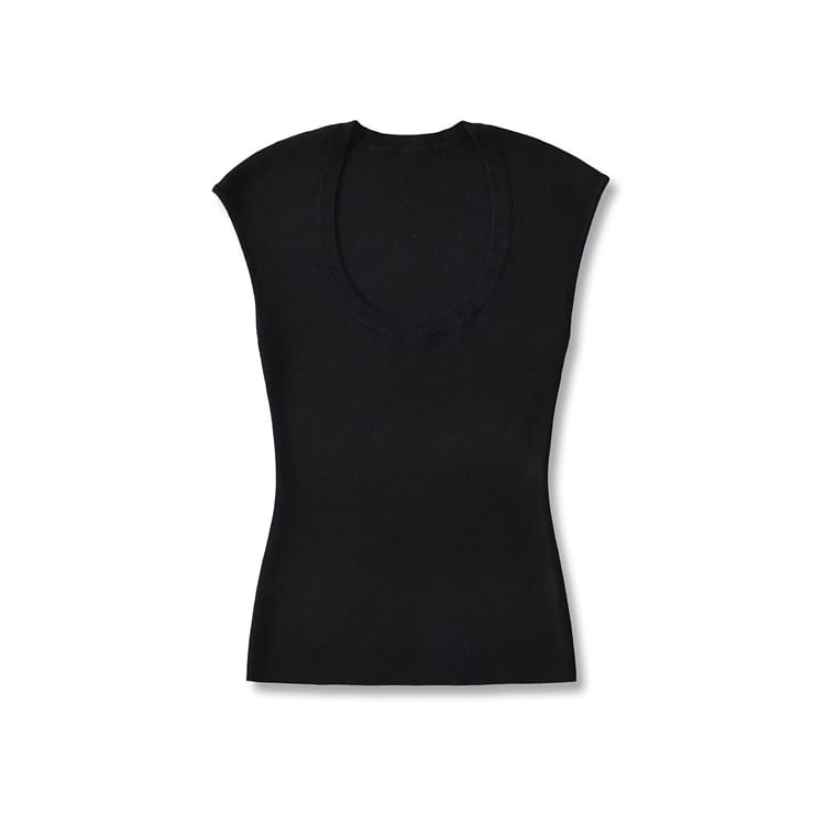 Plain Knitted Cap-Sleeved U-Necked Top