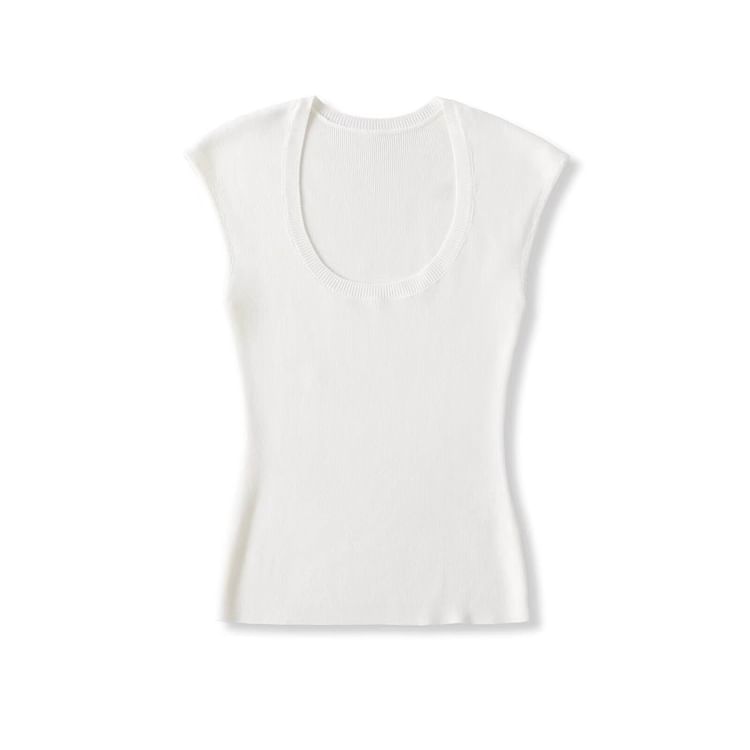 Plain Knitted Cap-Sleeved U-Necked Top