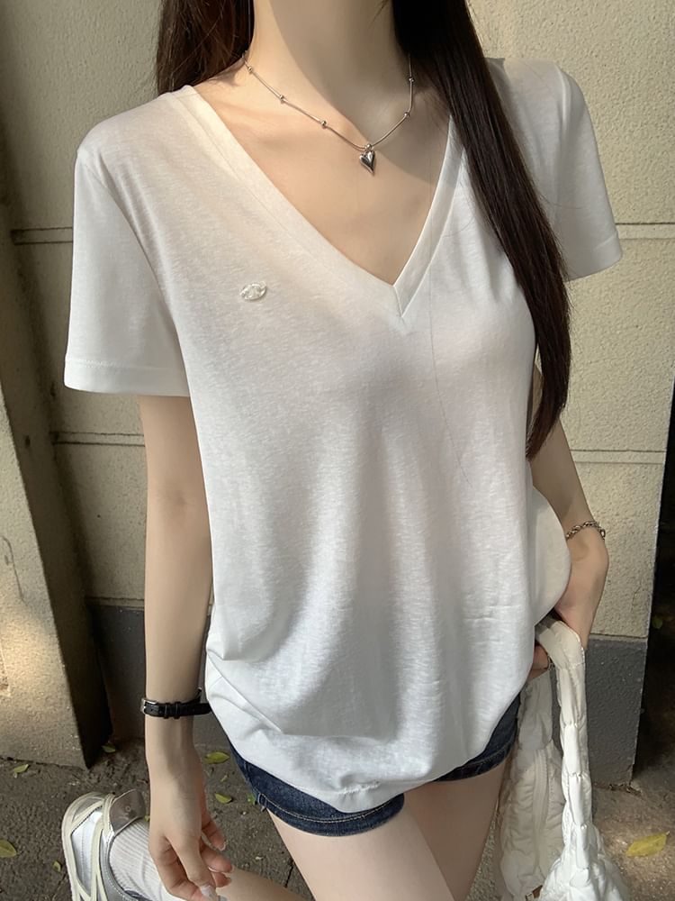 V-Neck Short-Sleeved Plain Loose-Fit Tee