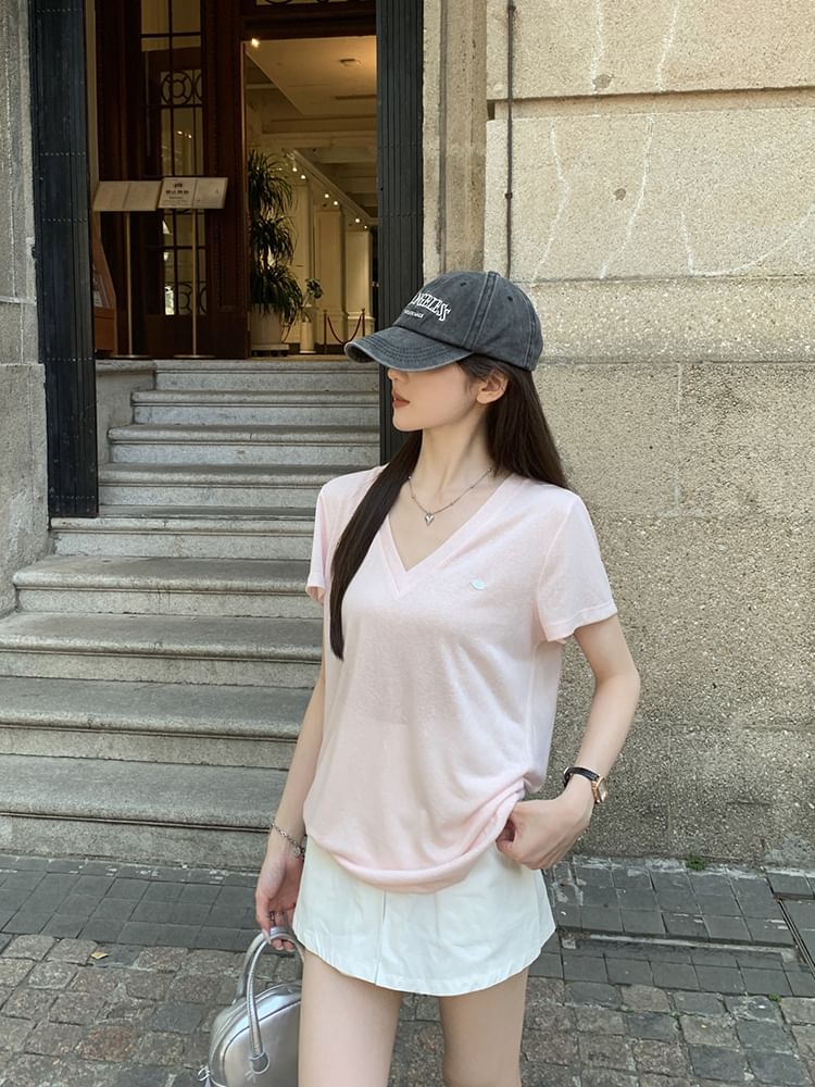 V-Neck Short-Sleeved Plain Loose-Fit Tee
