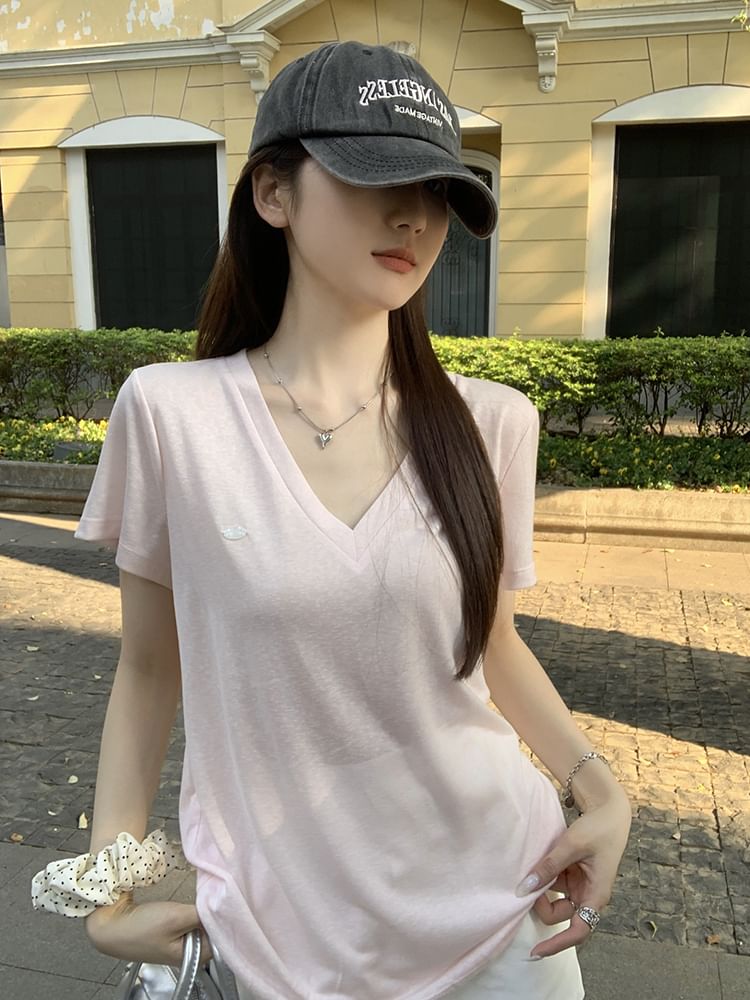V-Neck Short-Sleeved Plain Loose-Fit Tee