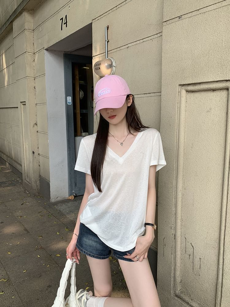 V-Neck Short-Sleeved Plain Loose-Fit Tee