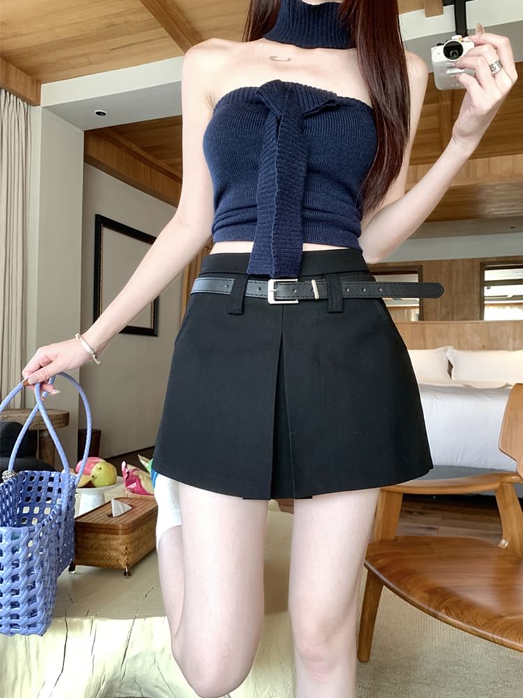 High Rise Slit Plain A-Line Mini Skirt