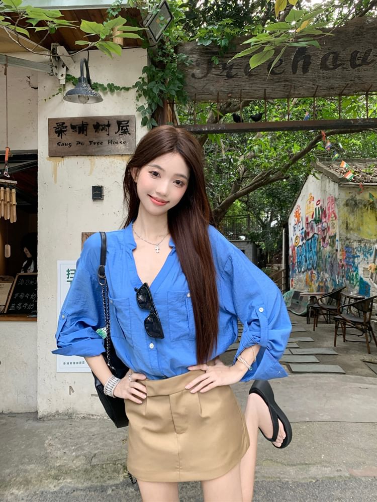V-Neck Long-Sleeved Loose Shirt & Mini A-Line Skirt Set