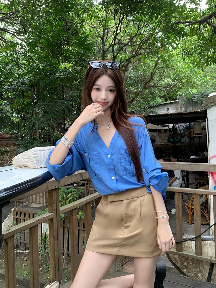 V-Neck Long-Sleeved Loose Shirt & Mini A-Line Skirt Set