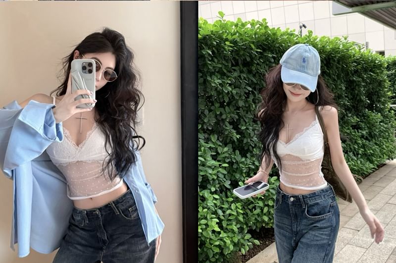 Dotted Mesh V-Neck Lace Crop Cami Top