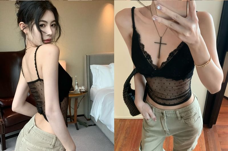 Dotted Mesh V-Neck Lace Crop Cami Top