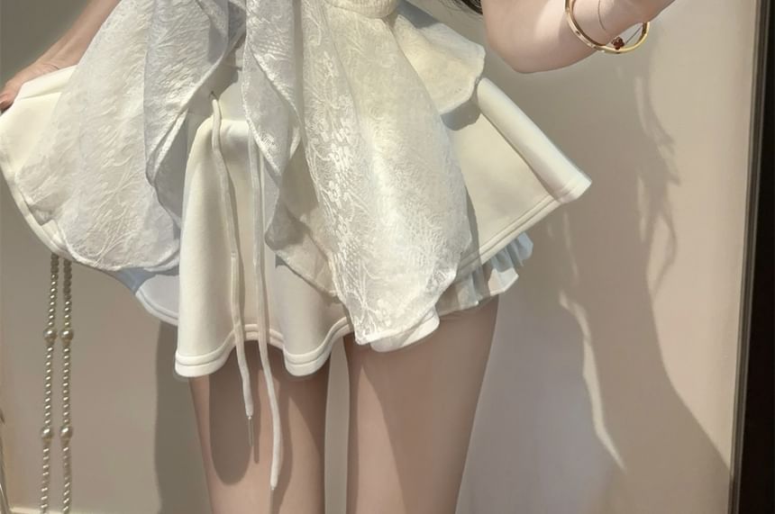 Ruffle Trim Slit Lace Flowy Camisole and Drawstring Skort Set