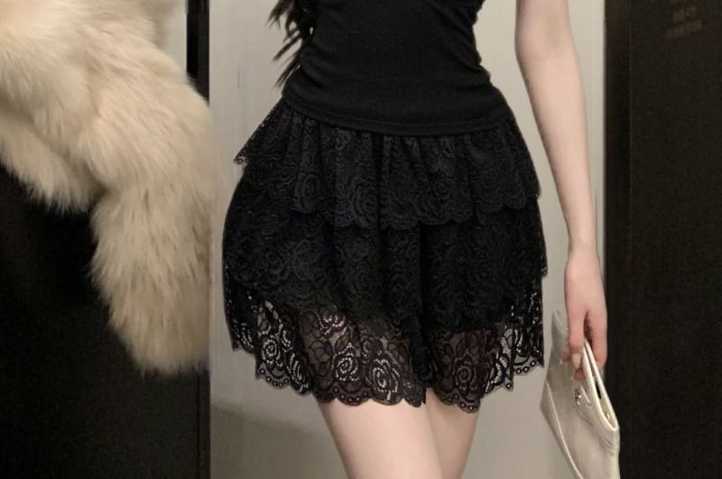 V-Neck Lace Panel Cutout Ruched Slim Crop Camisole