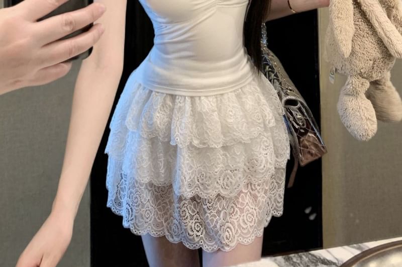 V-Neck Lace Panel Cutout Ruched Slim Crop Camisole