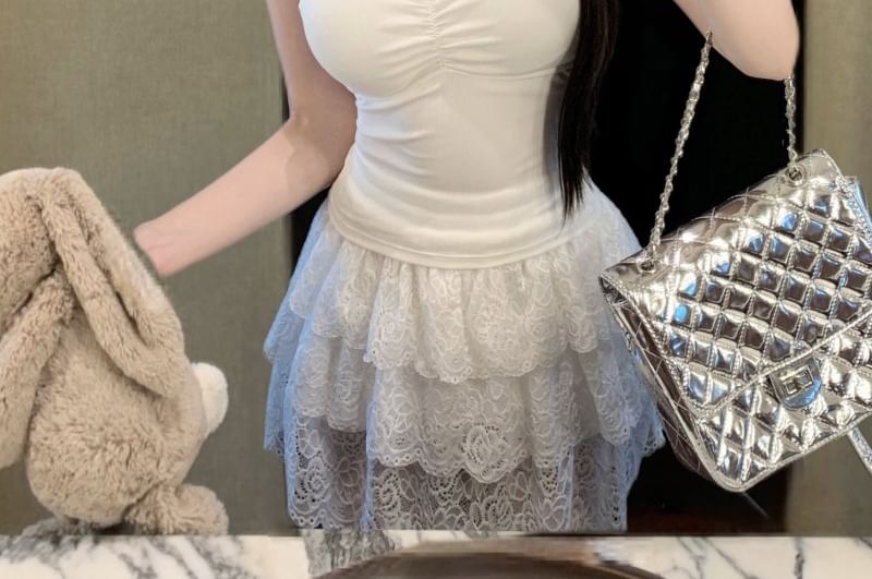 V-Neck Lace Panel Cutout Ruched Slim Crop Camisole